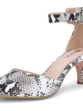 Women's Snake White Pumps Low Kitten Heels Pointed Closed Toe Shoes Strap